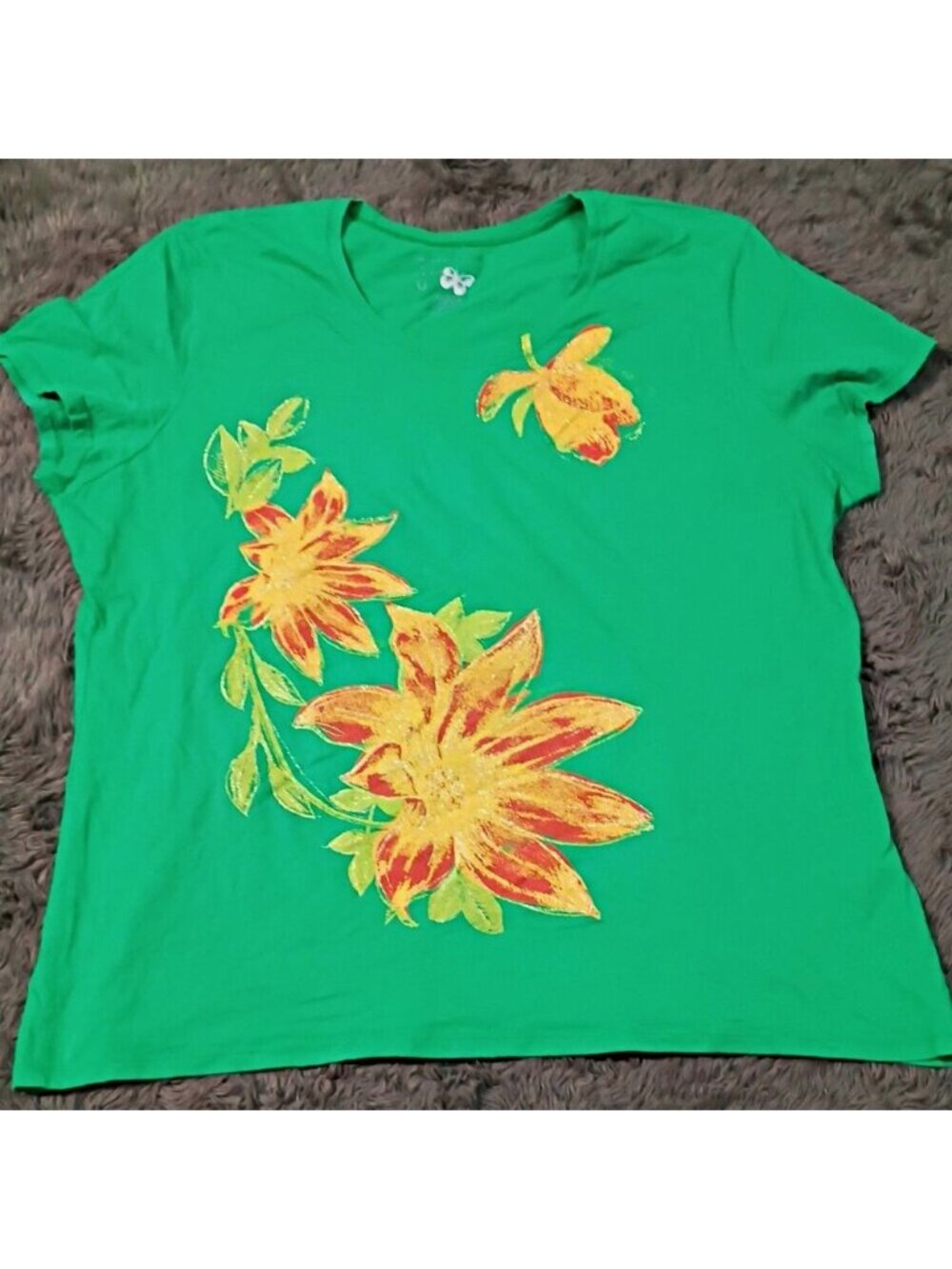 JMS Just My Size Green Floral Butterfly Graphic Cotton Knit Tee SS Crew Neck 3X